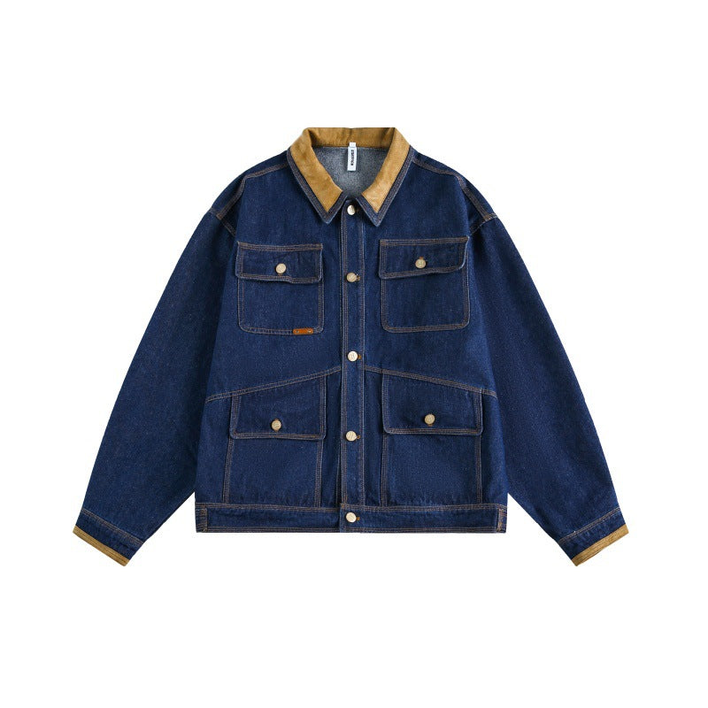 Multi-Pocket Lapel Loose Fit Denim Jacket Men