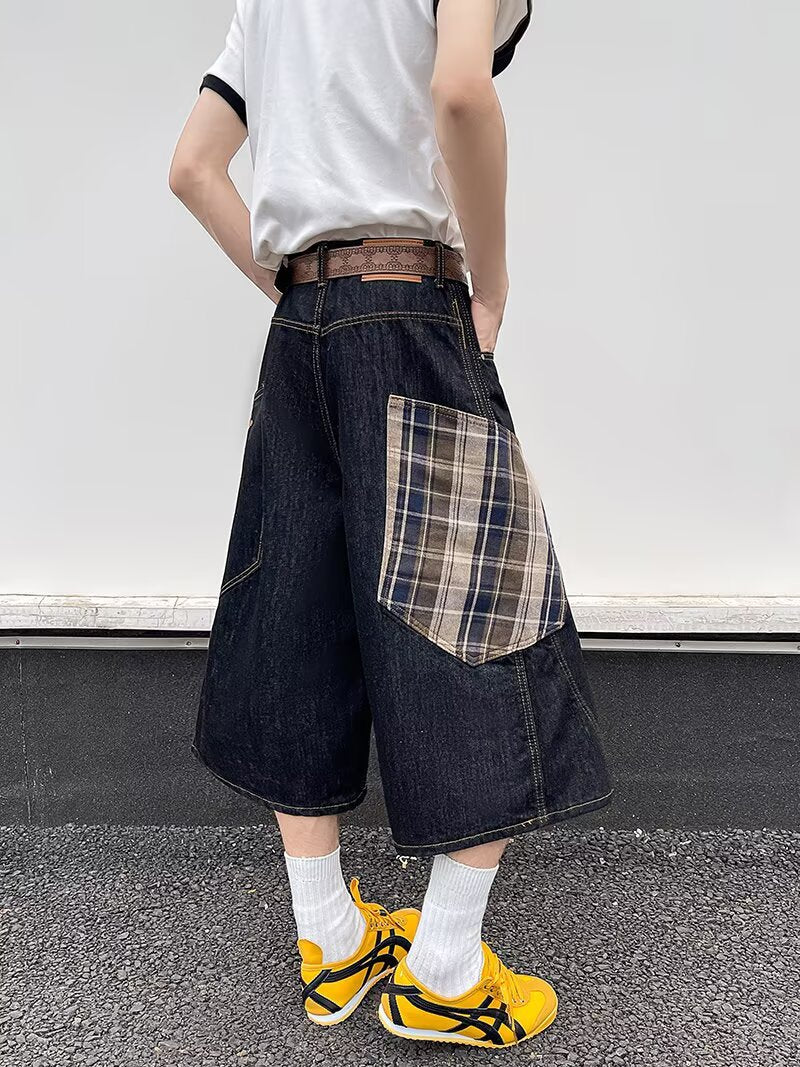 Retro large pocket plaid patchwork denim cropped pants for men