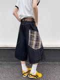 Retro large pocket plaid patchwork denim cropped pants for men