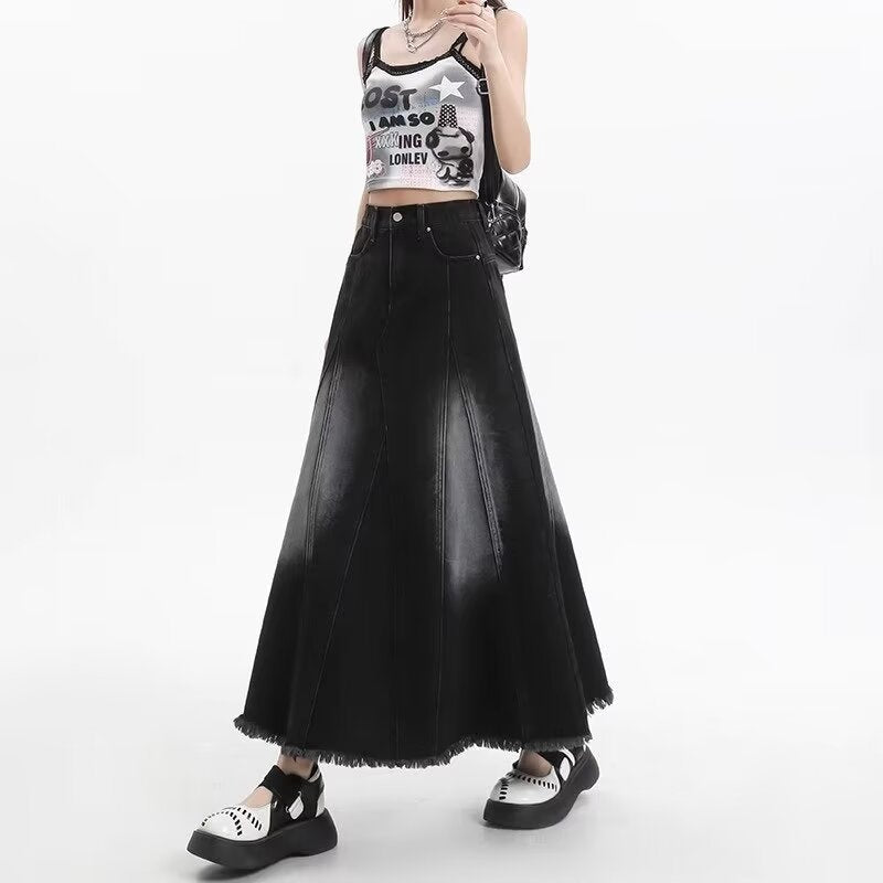 denim A-line midi skirt for women