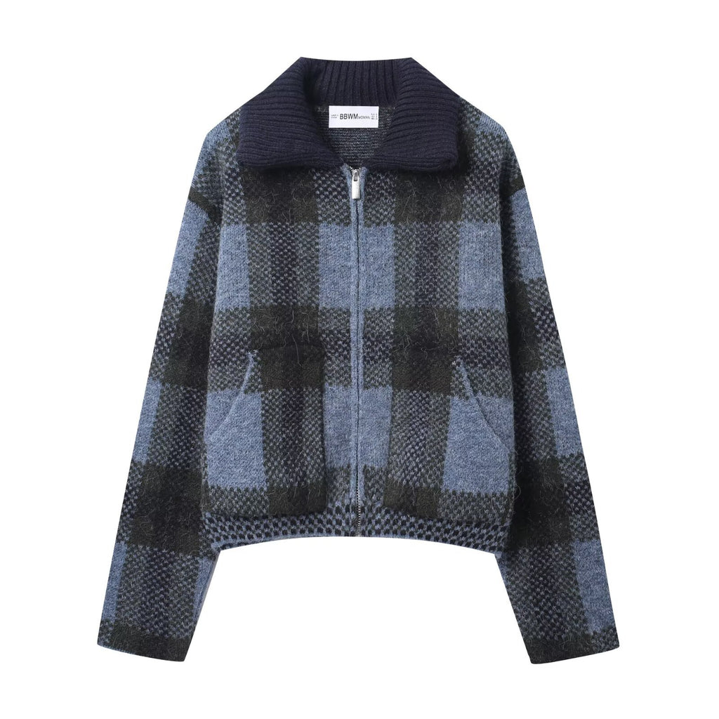 Plaid collar knitted jacket for women