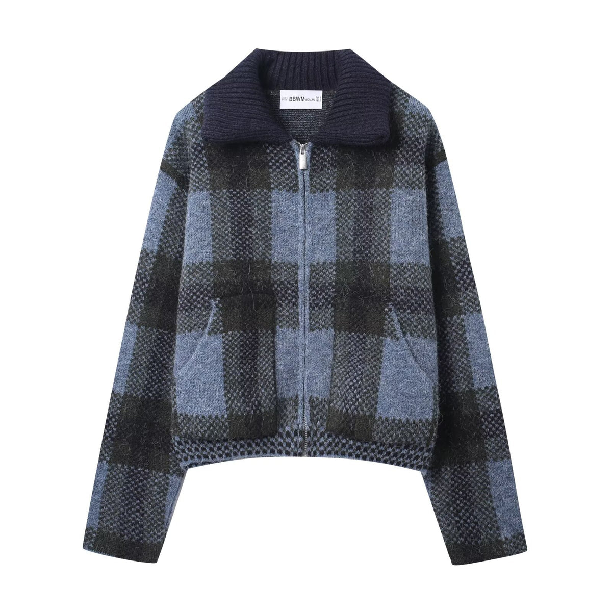 Plaid collar knitted jacket for women
