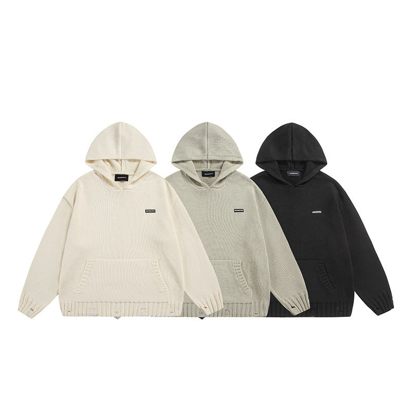 Solid color hooded sweater knitted sweater