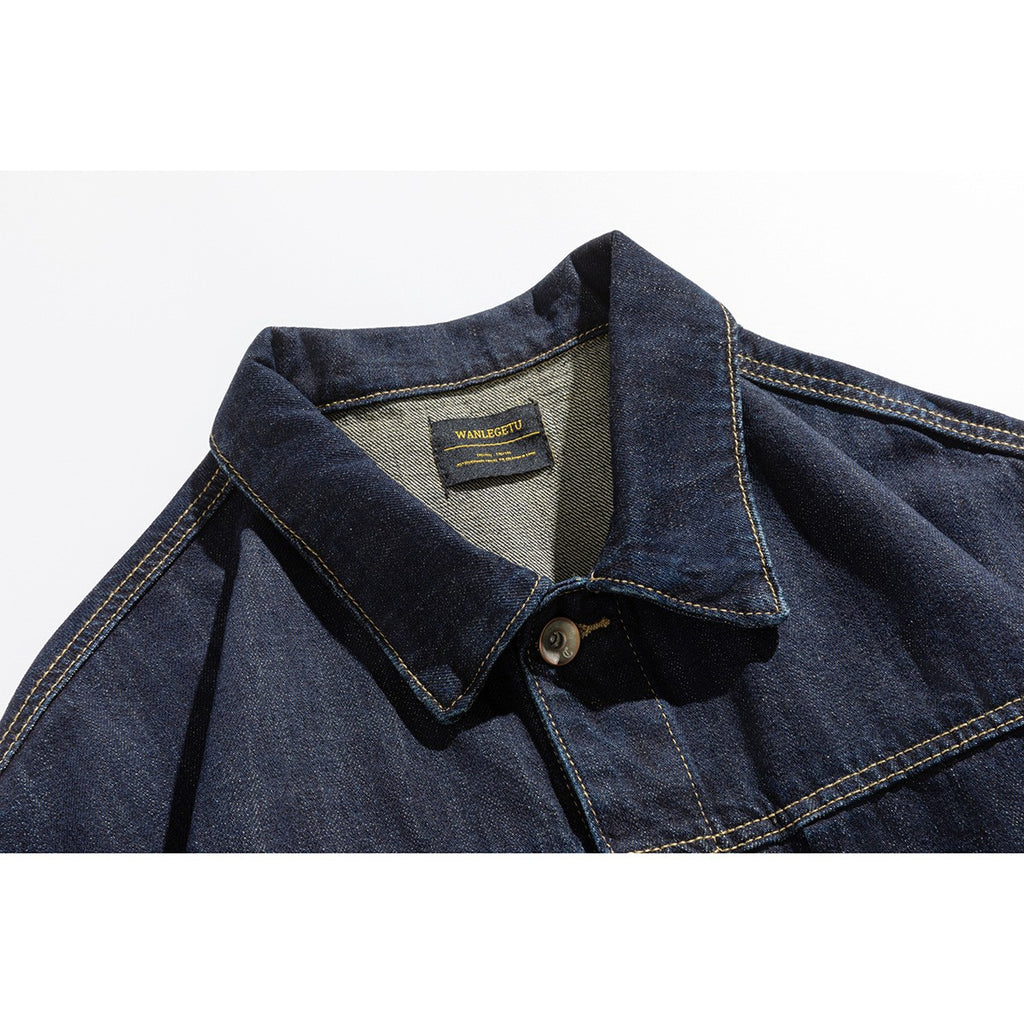 Tape Washed Denim Jacket for Men Loose Workwear Style Jacket