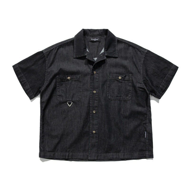 Old patch bag Cuban collar loose workwear denim shirt for men