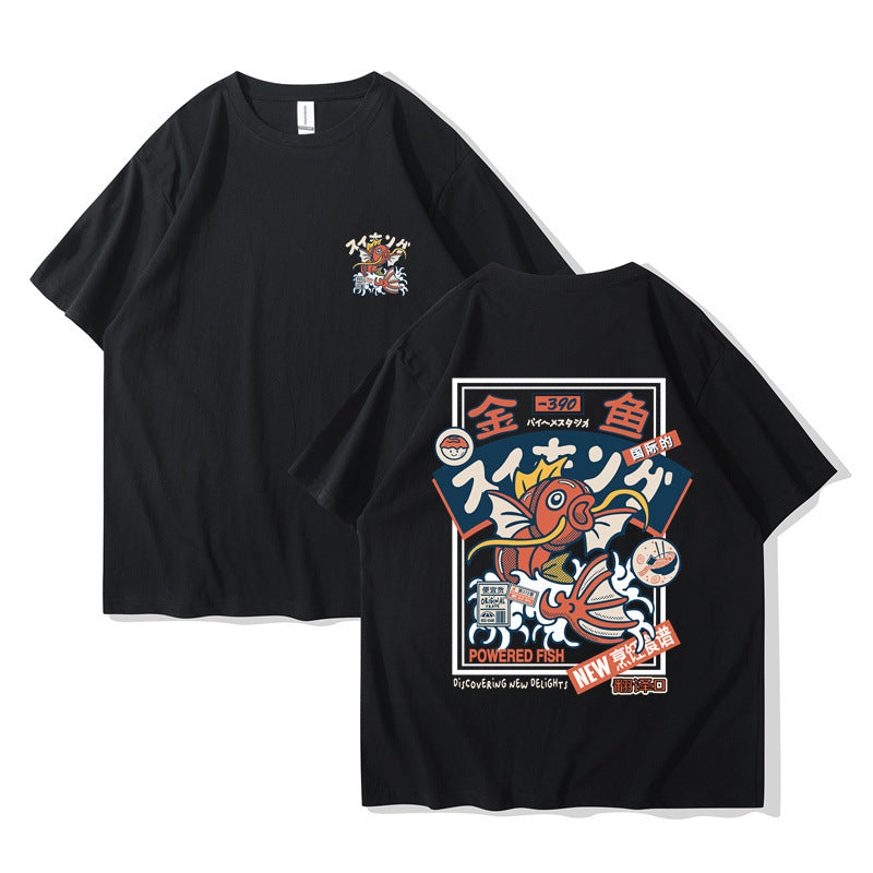 Red Koi Print Short Sleeved Harajuku Hip-hop Setwear Shirt S