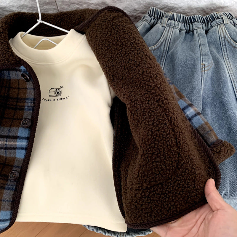 Boys' woolen plaid jacket with thickened fleece for autumn and winter