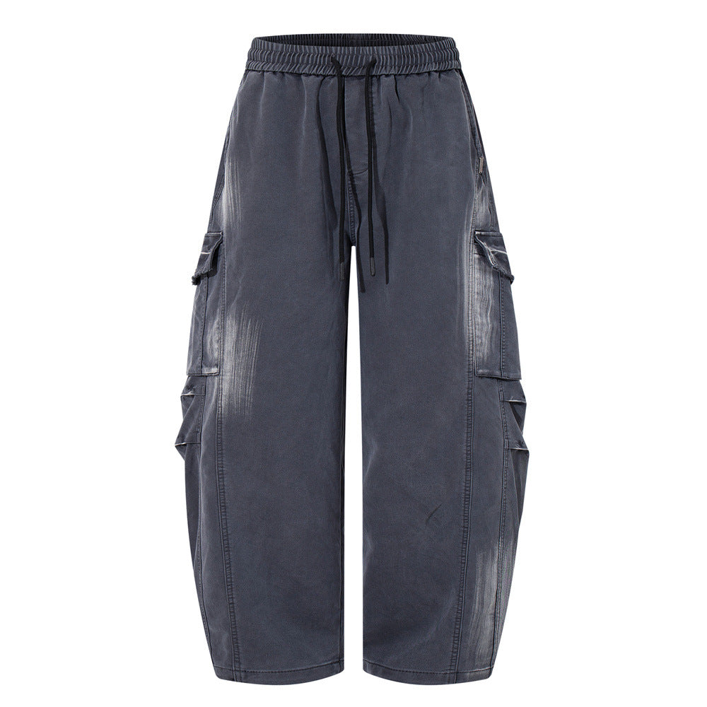 Streetwear Men's Pants, Distressed Washed Multi-Pocket Knife Cut Loose Fit Casual Tapered Jeans for Men