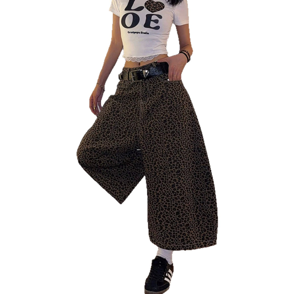 Vintage Leopard Print Casual Pants Leg Long Pants for Women