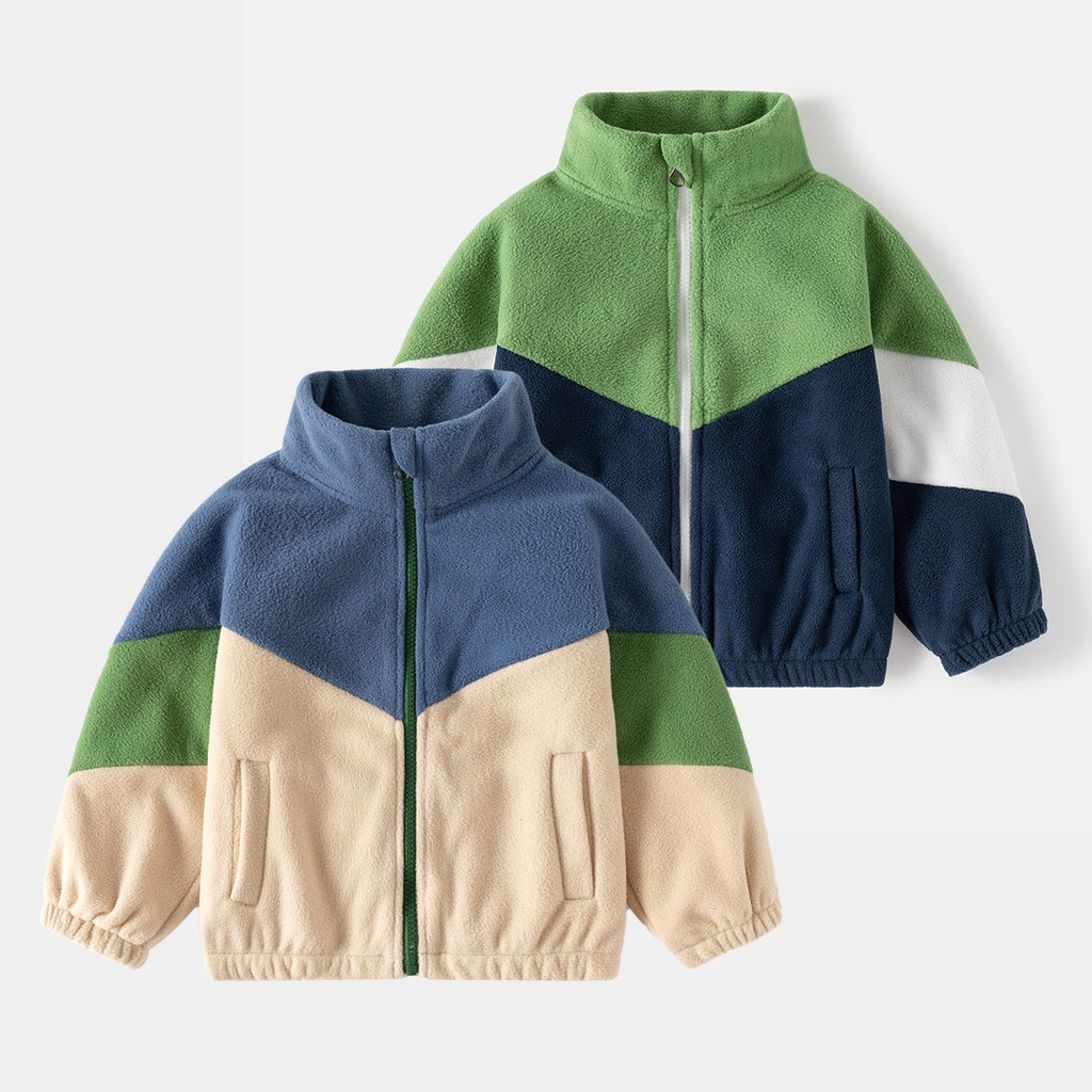 Fleece Jacket for Boys Color-block Casual Outerwear Kids' Warm Coat