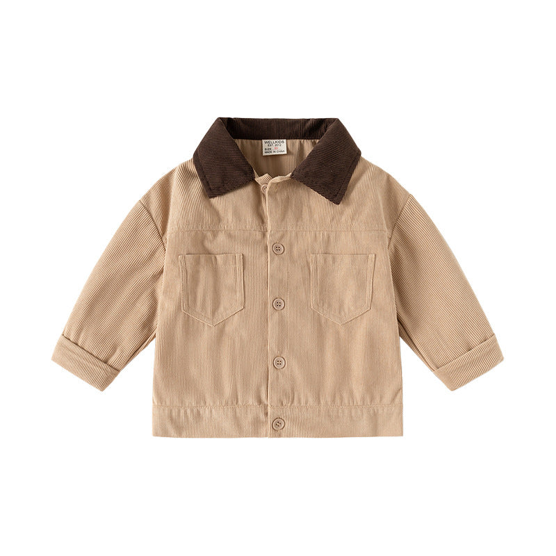 Children's Color-Blocked Corduroy Lapel Jacket, Loose Fit for Boys and Girls