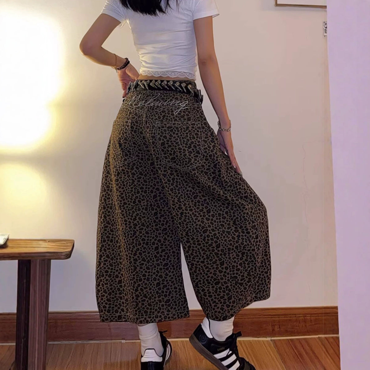 Vintage Leopard Print Casual Pants Leg Long Pants for Women
