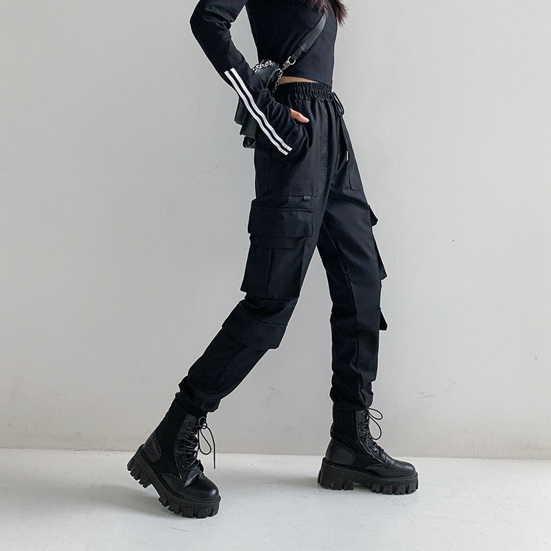 Women black Female Trousers Casual Harajuku Straight Pants Plus Size Jogger Pants Pockets Streetwea