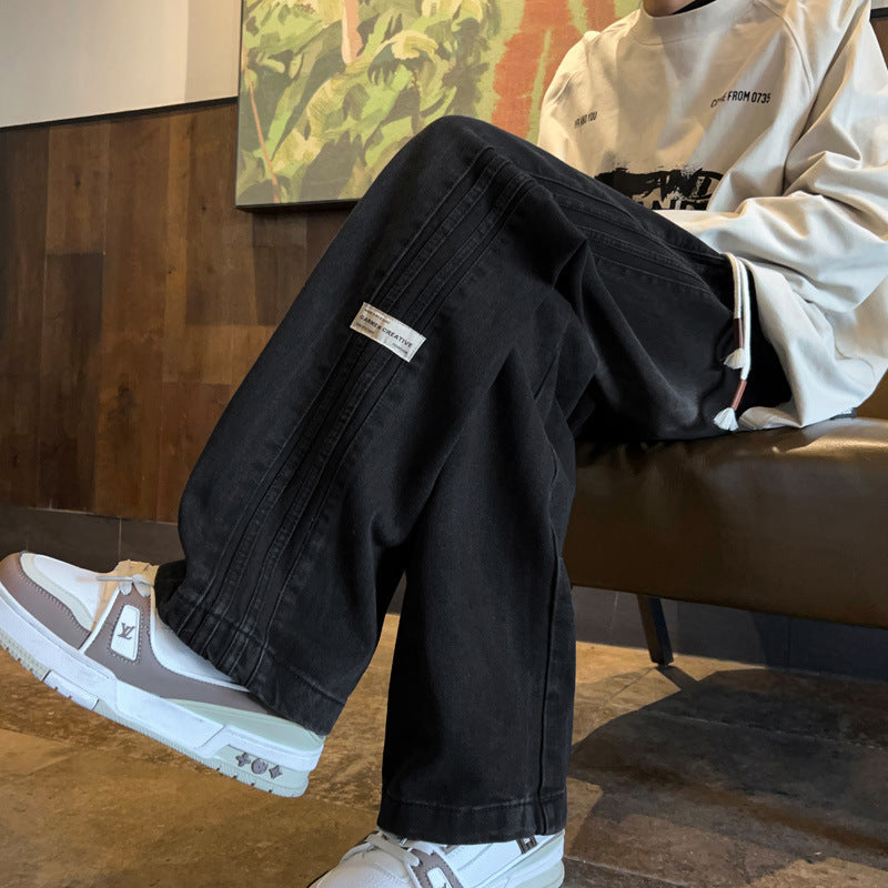 Striped Denim Pants Men Autumn Winter Trendy Style Wide Leg Loose Straight Cut Washed Casual Trousers