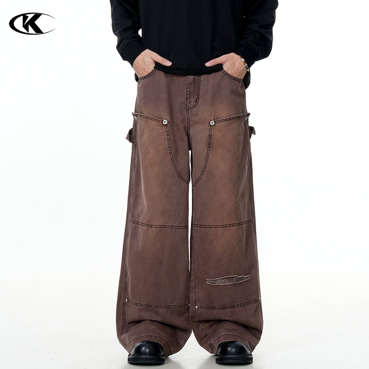 Carpenter Work Pants for Men and Women Vintage Washed Distressed Riveted Denim Loose Straight Leg Long Trousers
