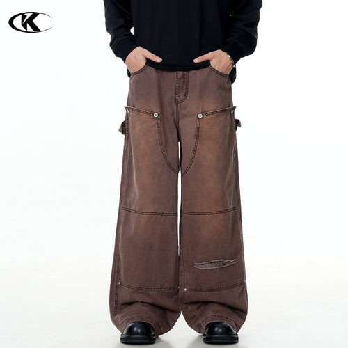 Carpenter Work Pants for Men and Women Vintage Washed Distressed Riveted Denim Loose Straight Leg Long Trousers