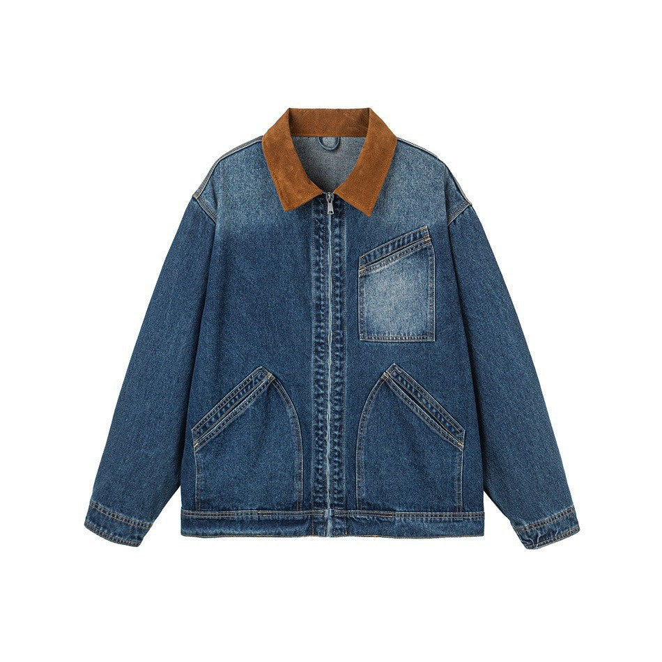 Collar Denim Jacket for Men Casual Washed Ice Blue Denim Coat