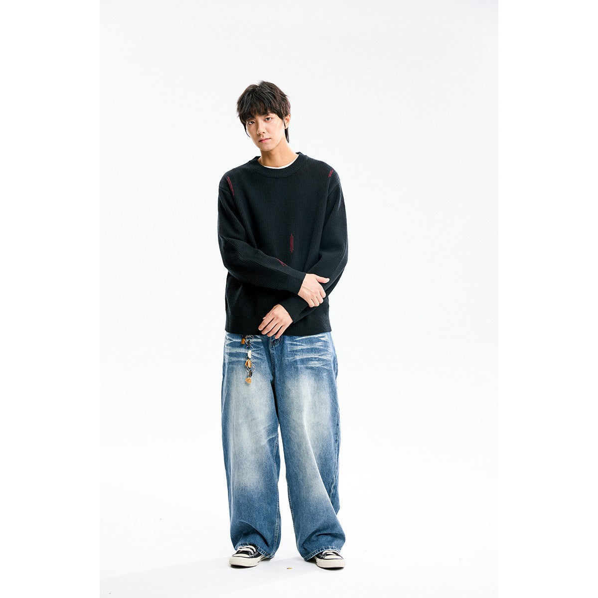 Embroidered Knit Sweater Men's Crewneck Sweater Top