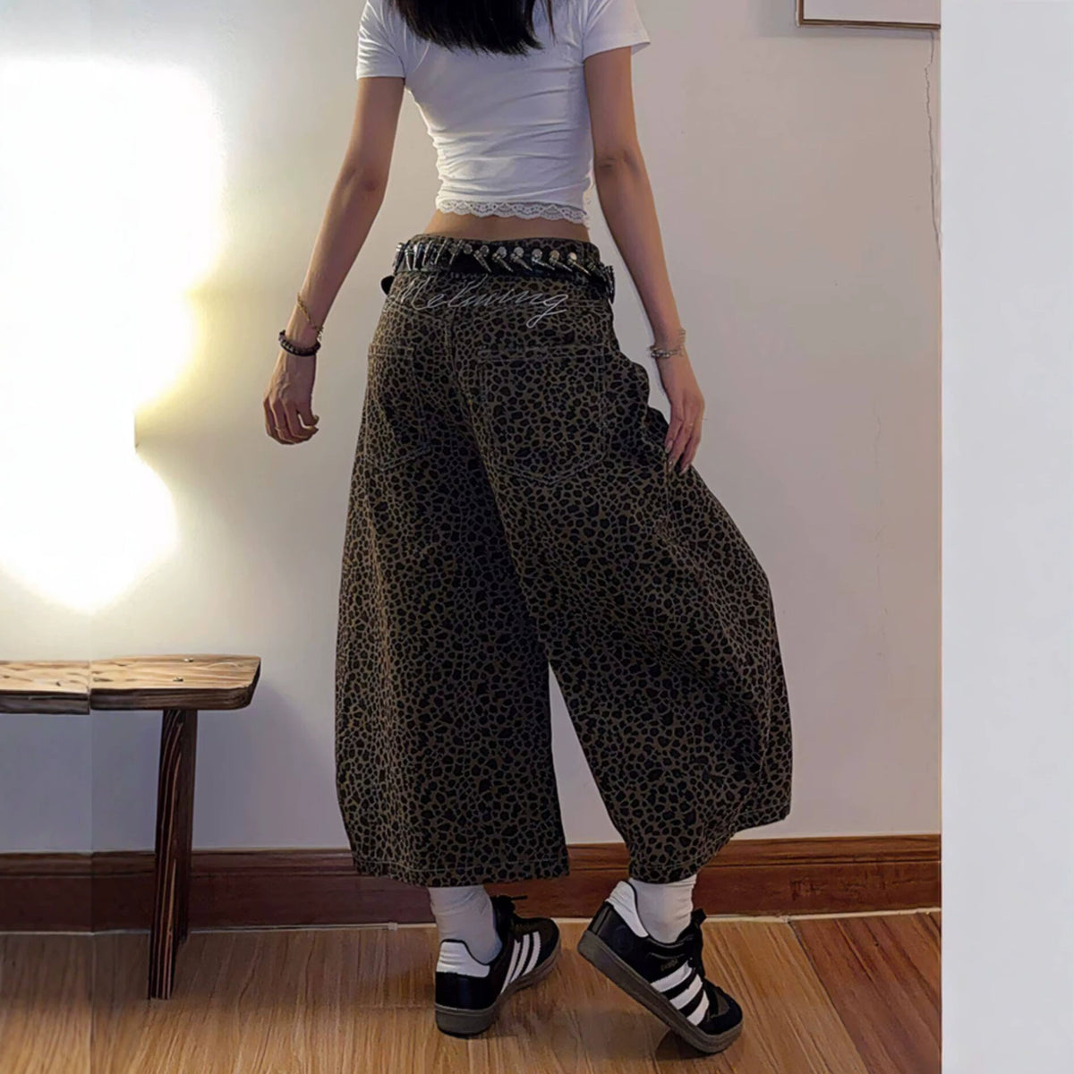 Vintage Leopard Print Casual Pants Leg Long Pants for Women