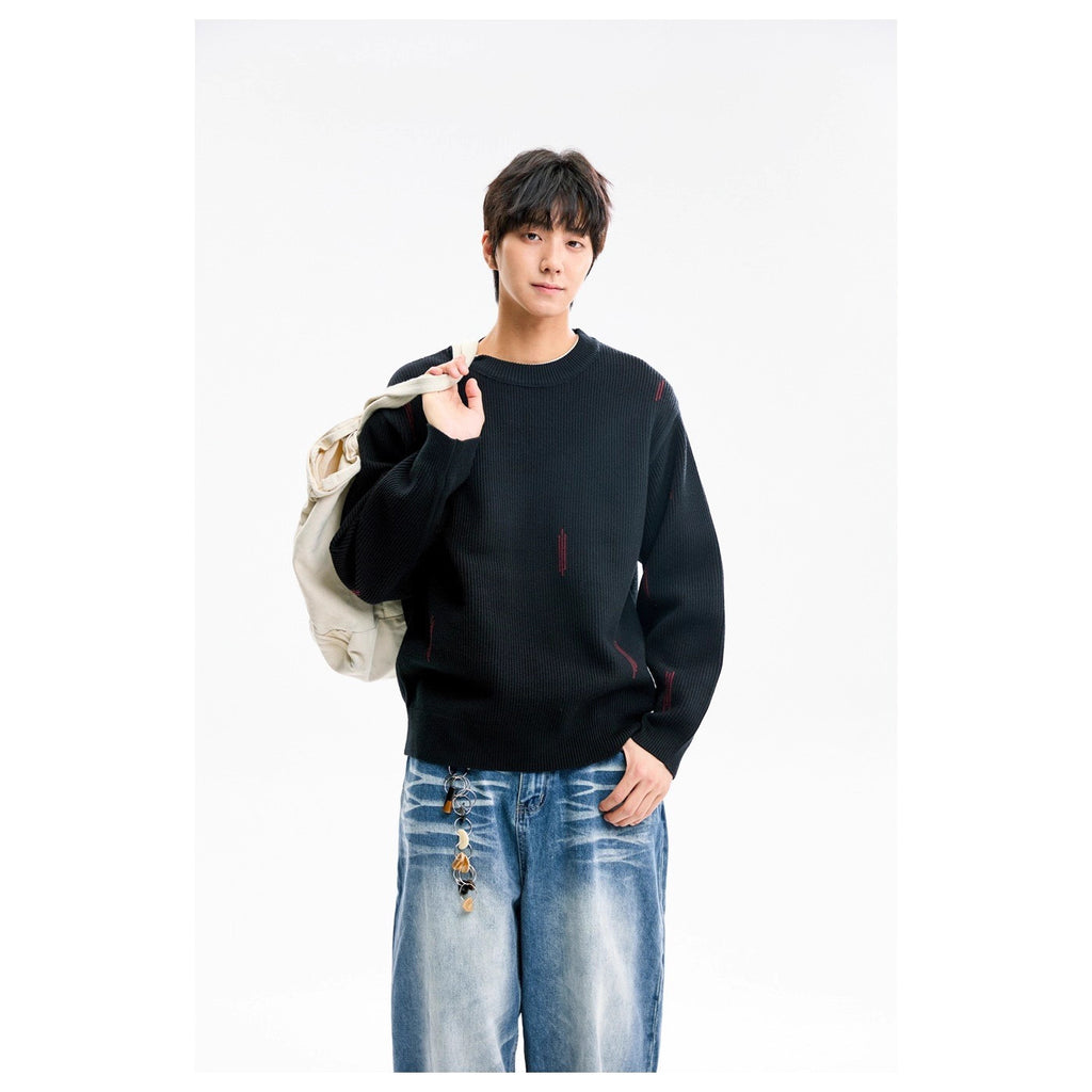 Embroidered Knit Sweater Men's Crewneck Sweater Top