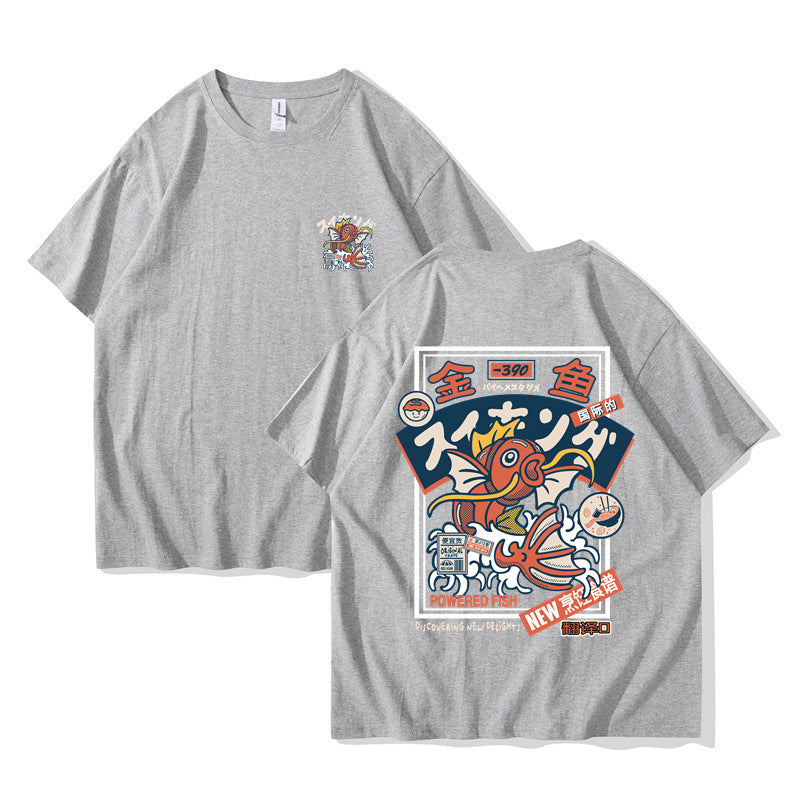 Red Koi Print Short Sleeved Harajuku Hip-hop Setwear Shirt S