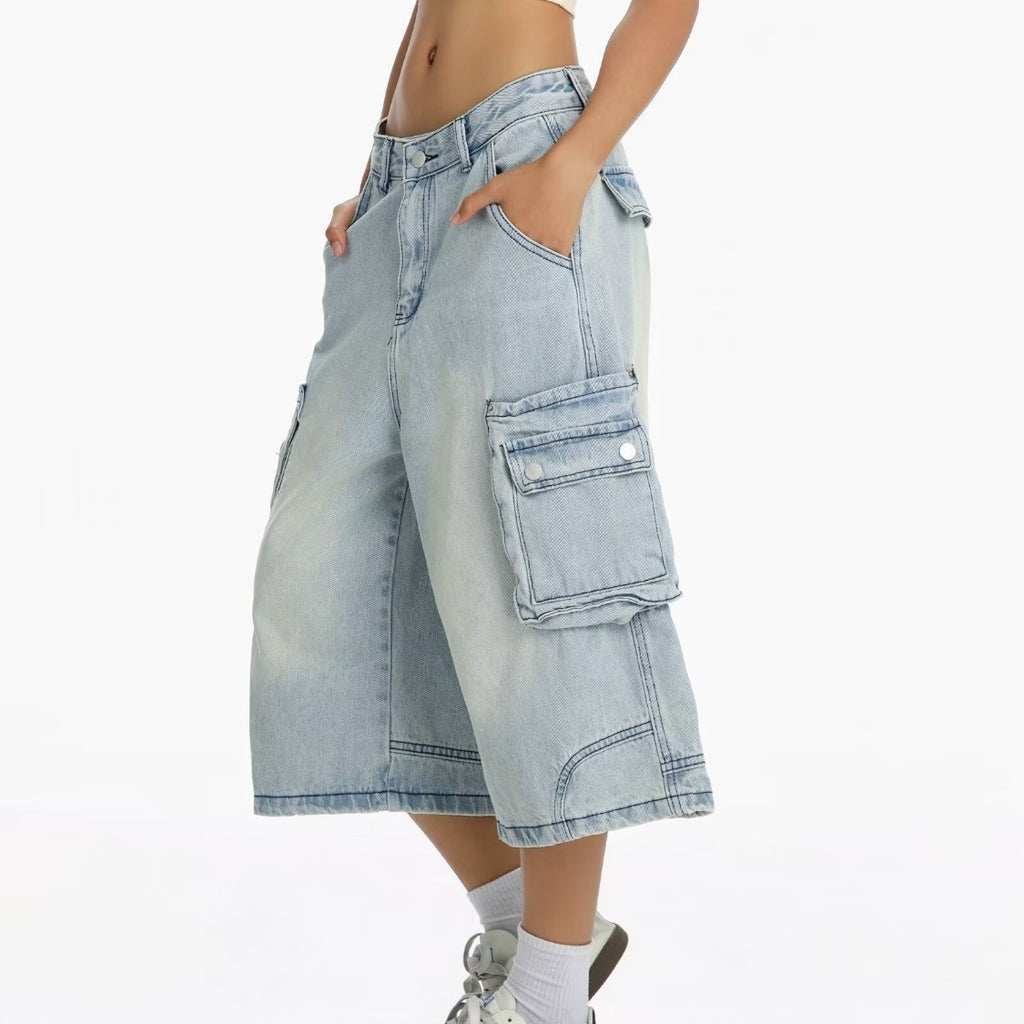 Washed Distressed Wide-Leg Denim Shorts Men