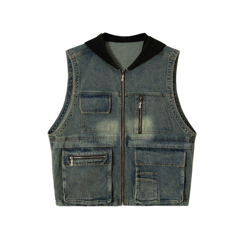 Functional Multi-Pocket Loose Casual Hooded Denim Vest Men