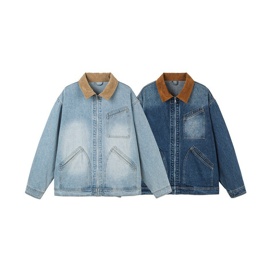 Collar Denim Jacket for Men Casual Washed Ice Blue Denim Coat