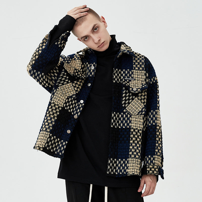 Tweed Checkered Coat for Men,  Trendy Streetwear, Retro Casual Jacket for Couples