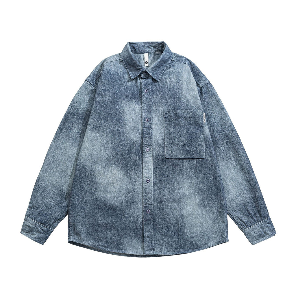 Distressed Snowflake Washed Patch Pocket Loose Denim Shirt Men