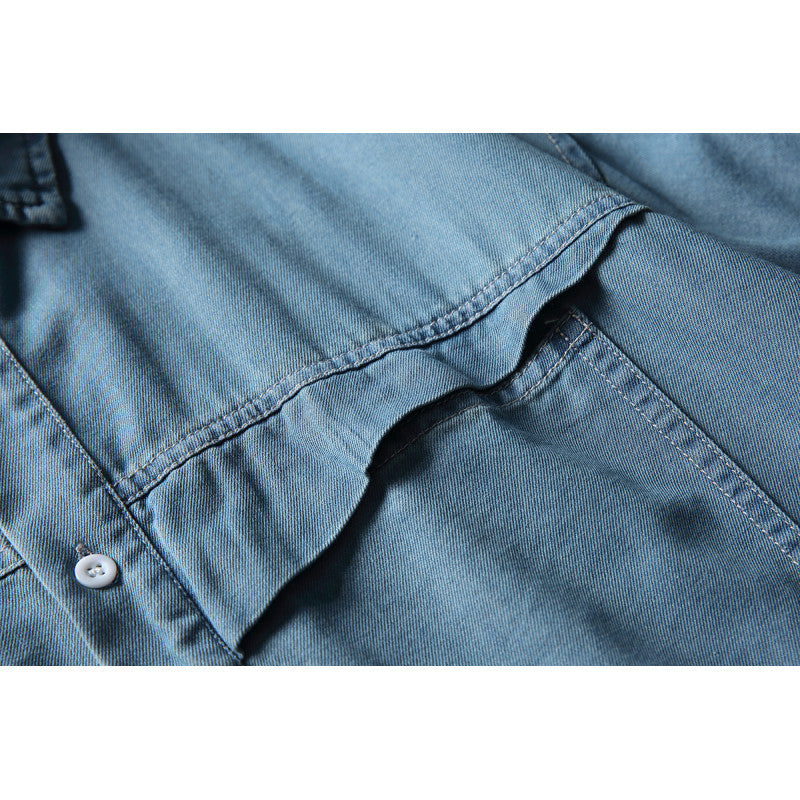Loose Washed Cotton Short Sleeve Denim Shirt for Men with Pocket Design
