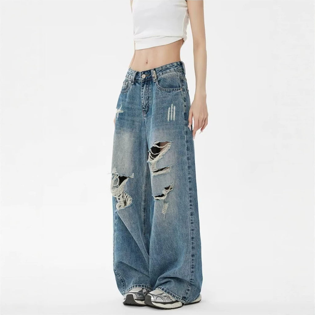 Vintage Blue Ripped Washed Denim Pants Women Leg Pants