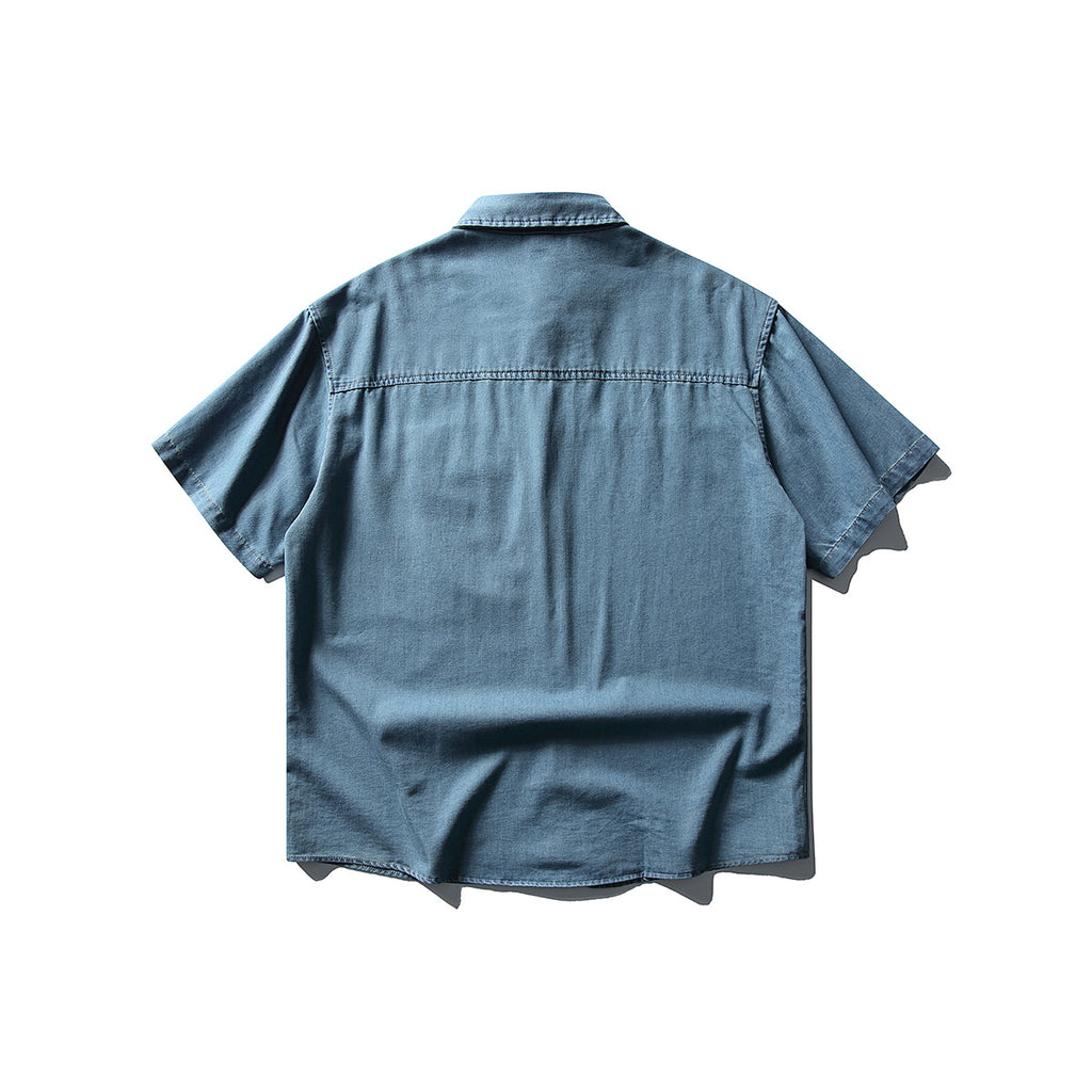 Loose Washed Cotton Short Sleeve Denim Shirt for Men with Pocket Design