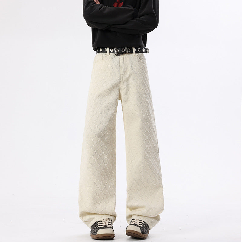Casual Straight Leg Jeans for Men, White Checkered Denim Pants