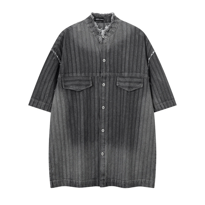 Style High-End Unique Dark Stripe Vintage Denim Shirt Men Short Sleeve Frayed Hem Washed Shirt