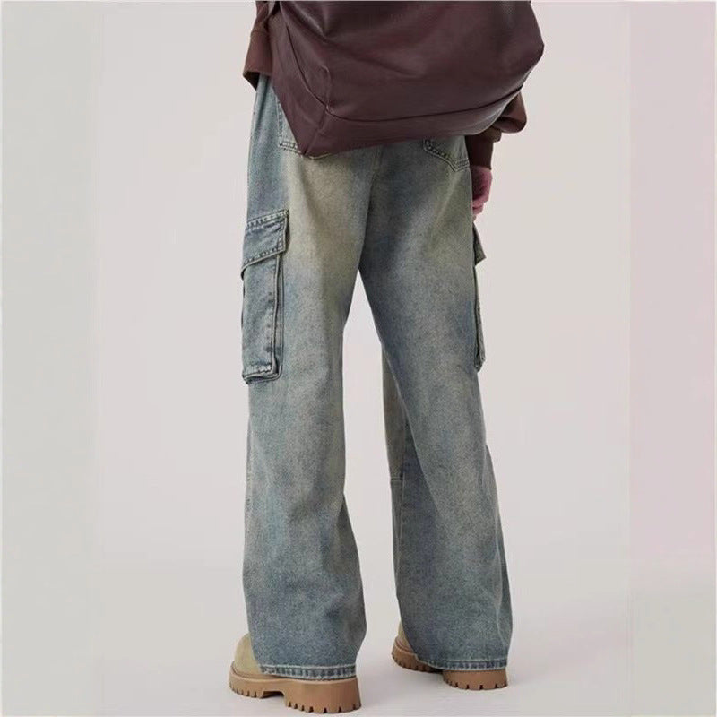 Spring and Autumn Fashion Hip-Hop Loose Fit Cargo Denim Pants for Men, Washed Straight Leg Long Pants