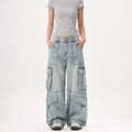 Light Wash Heavy Duty Cargo Denim Pants for Men and Women with Multiple Pockets