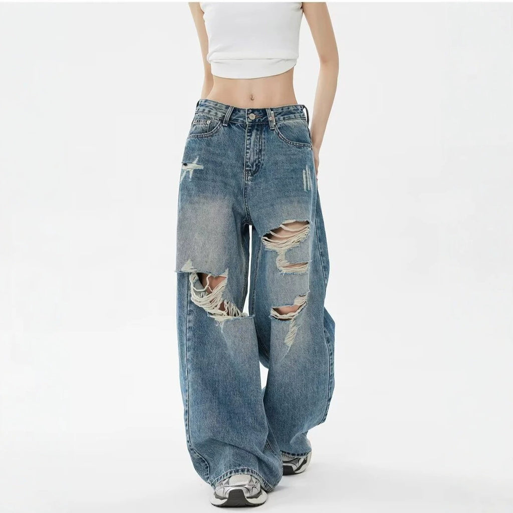Vintage Blue Ripped Washed Denim Pants Women Leg Pants