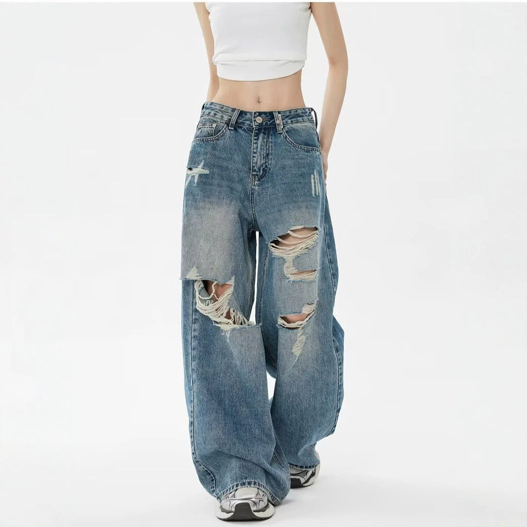 Vintage Blue Ripped Washed Denim Pants Women Leg Pants