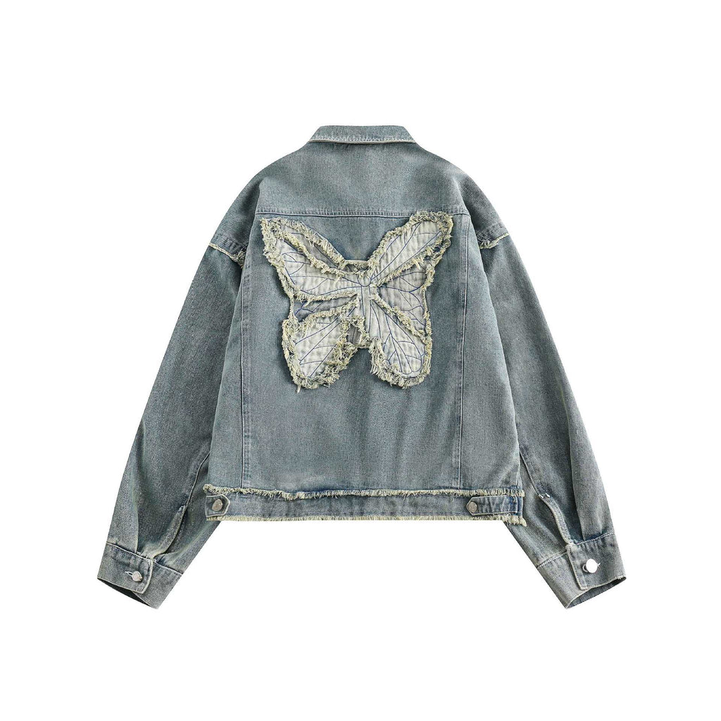 Patchwork Butterfly Frayed Edge Short Denim Jacket for Men
