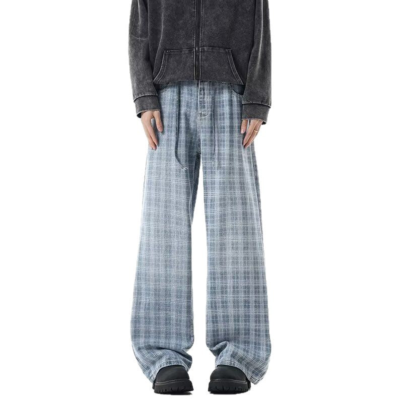 Blue Checkered Denim Pants Men Spring Autumn Lightweight Streetwear Style High-Waisted Casual Flared Bottoms