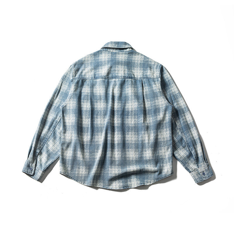 Casual color blocked plaid perforated denim shirt for men