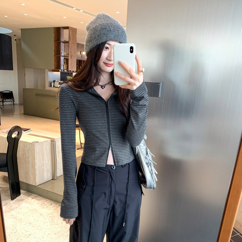 Striped Zipper Hoodie Coat for Women