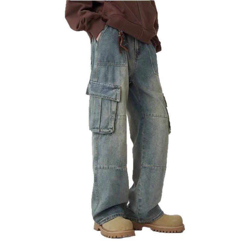 Spring and Autumn Fashion Hip-Hop Loose Fit Cargo Denim Pants for Men, Washed Straight Leg Long Pants