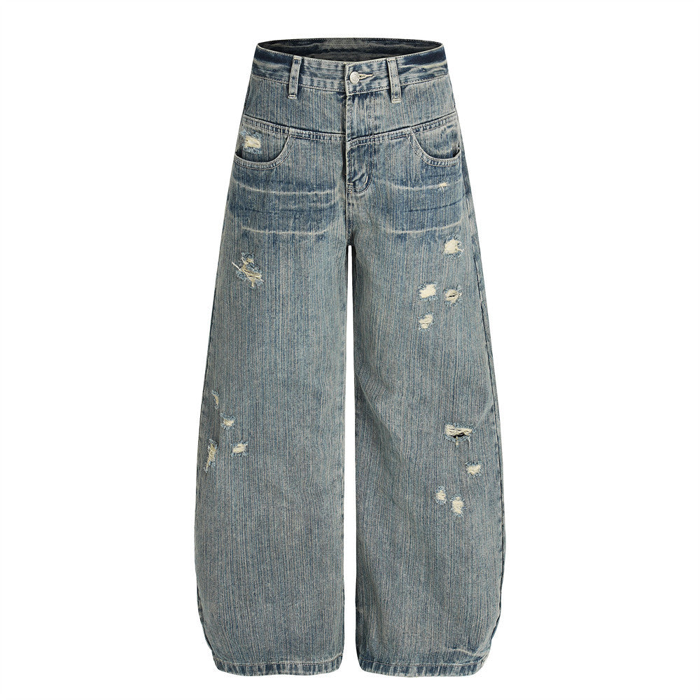 Distressed denim jeans