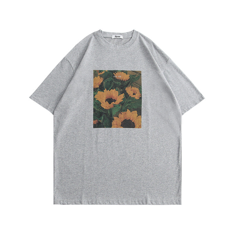 Korean Version Oversize Loose T-Shirt Women's Sunflower Print Couples T-Shirt Summer Ins Trend