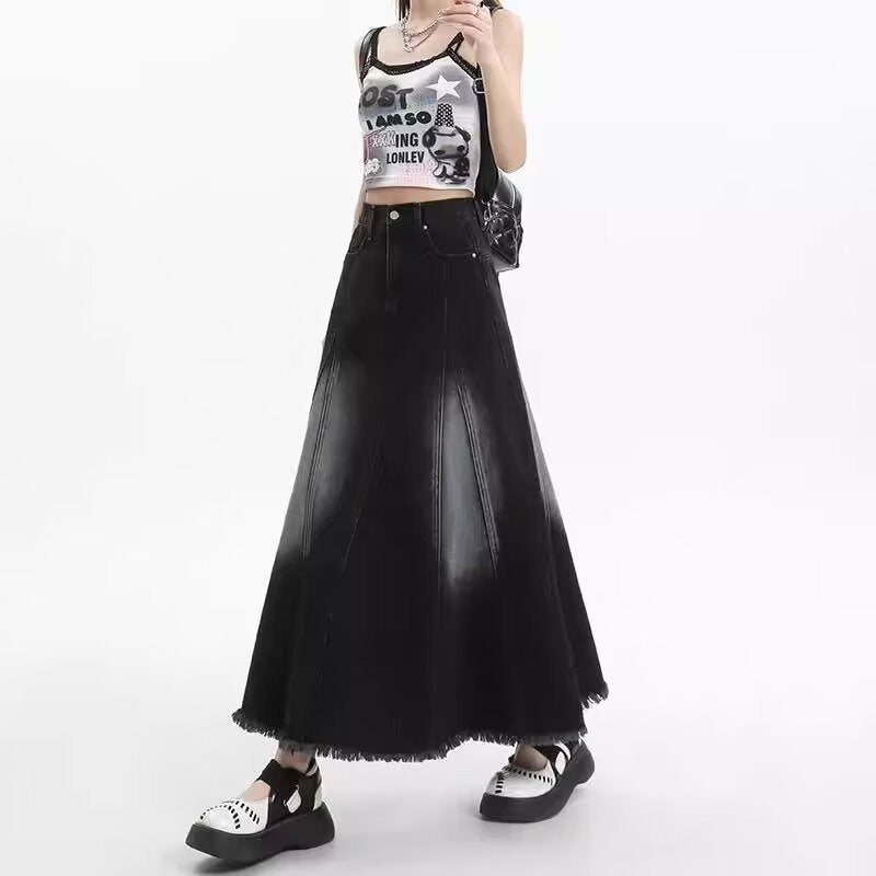 denim A-line midi skirt for women