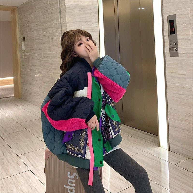 Color blocking patchwork baseball jacket short jacket for women