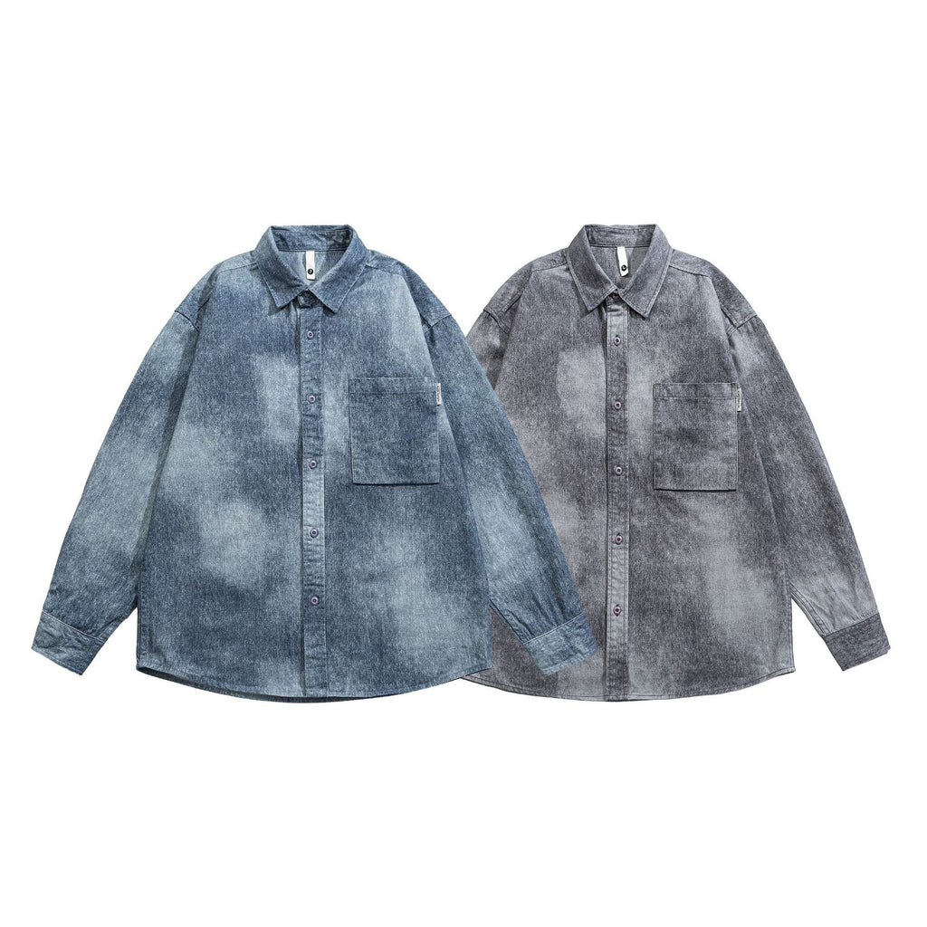 Distressed Snowflake Washed Patch Pocket Loose Denim Shirt Men