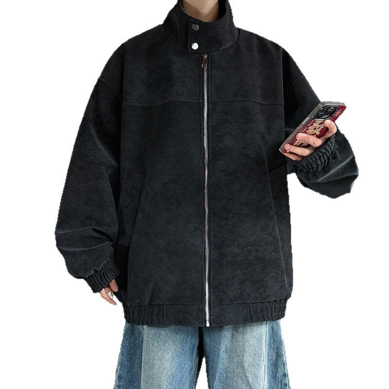 tie-dye leather jacket for men, autumn cool streetwear stand collar motorcycle jacket, loose casual top